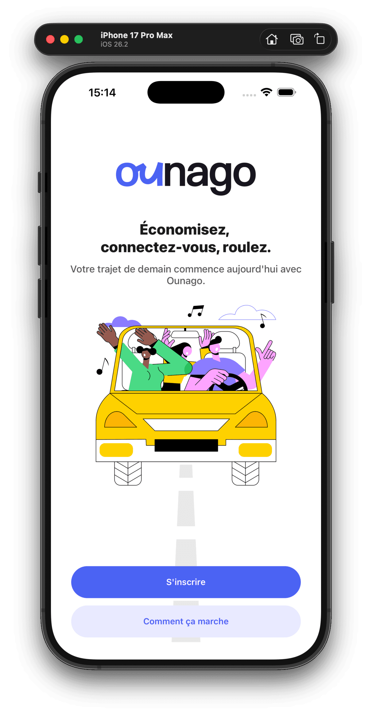 ounago App Preview showing the ridesharing interface